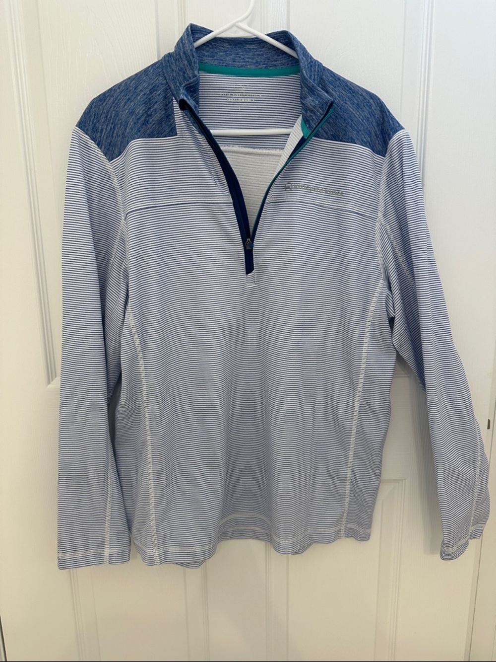 Vineyard Vines Blue and White Striped Performance Pullover with Teal Trim